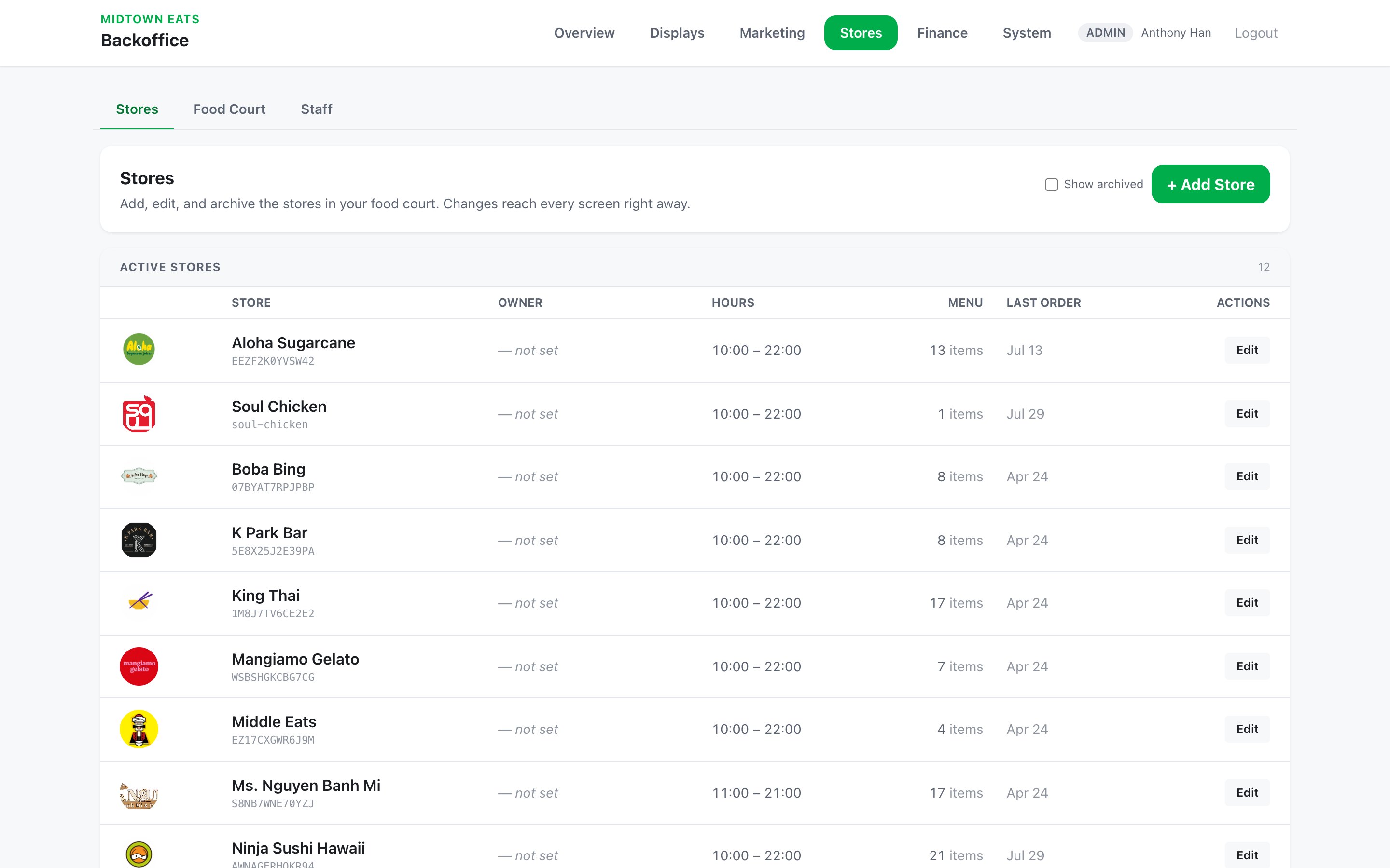 The back office store list — every store in the court with its logo, hours and menu