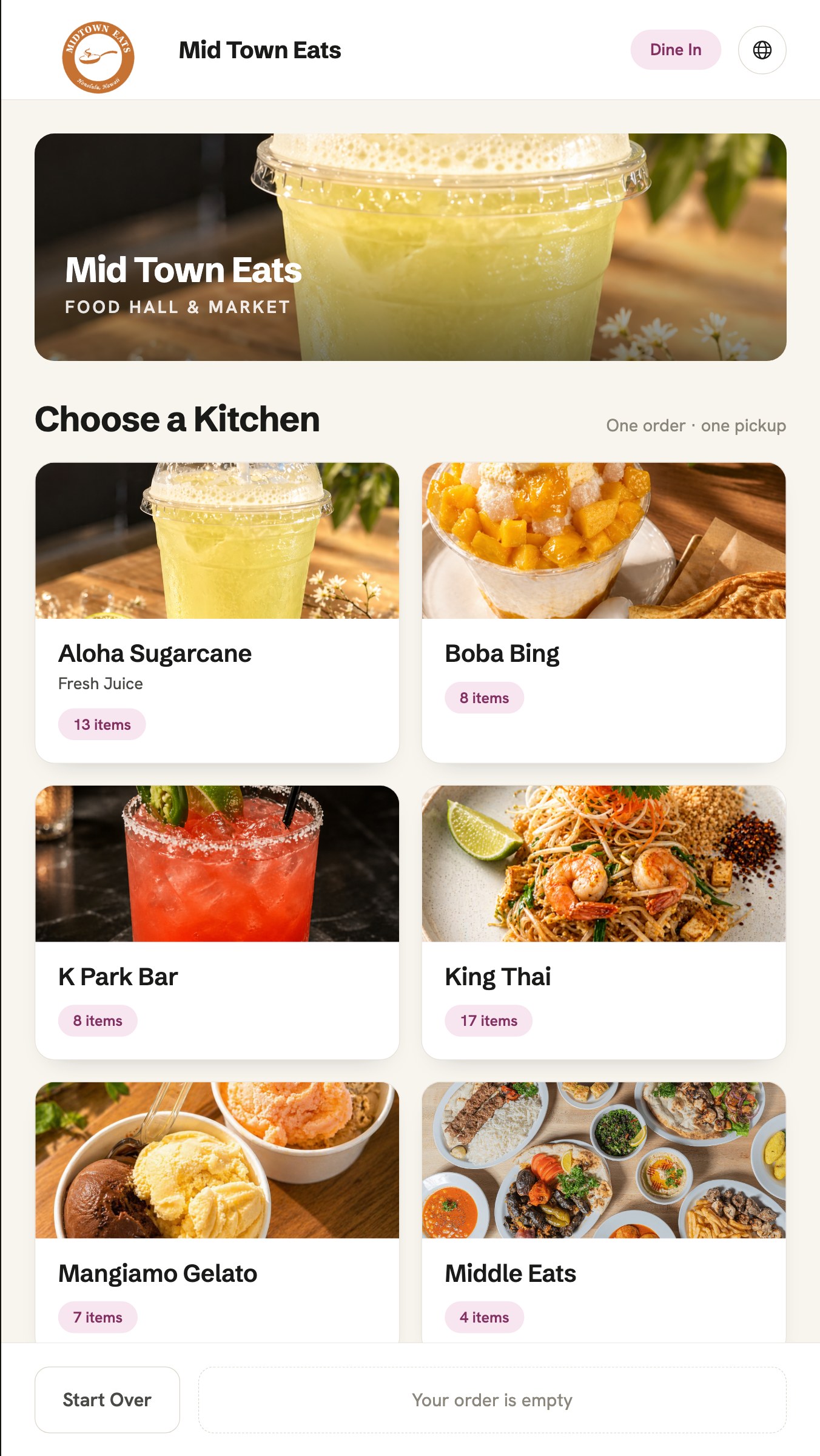 Food court kiosk — customer choosing a kitchen