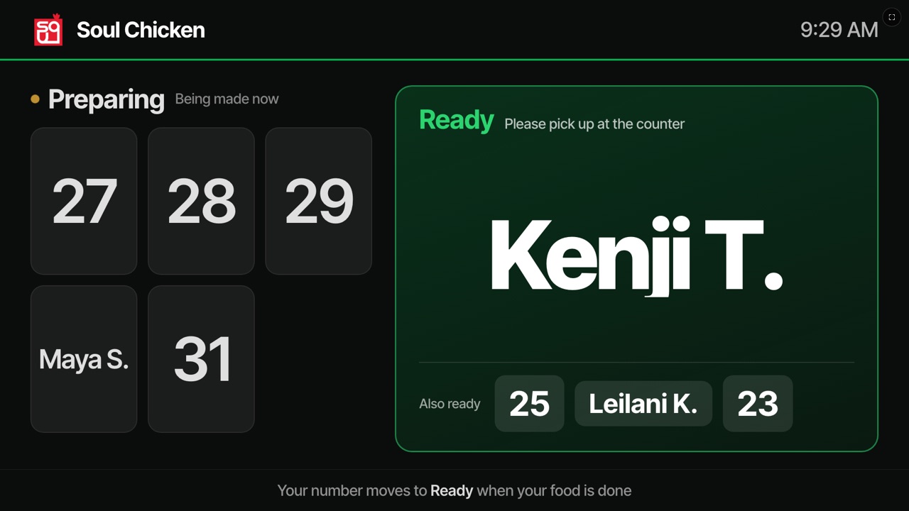 Number calling system — a real ServeBoard screen at Soul Chicken, Honolulu
